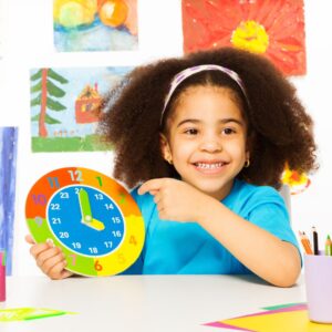 a girl smiling and holding a multi colored clock