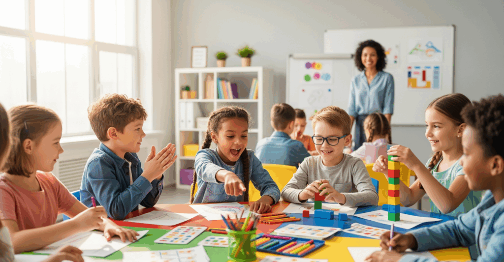 A diverse group of smiling children engaged in a learning activity in a bright and clean preschool classroom.