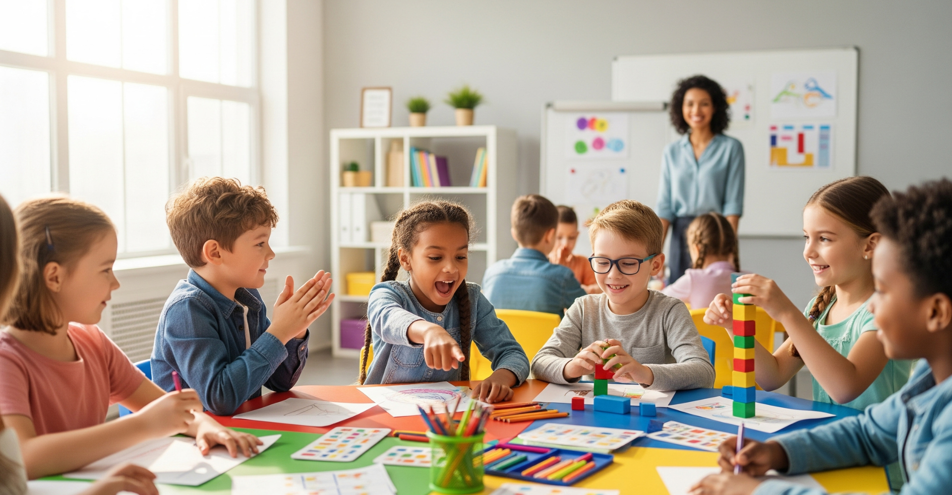 A diverse group of smiling children engaged in a learning activity in a bright and clean preschool classroom.