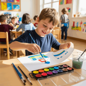A child with a happy expression painting with watercolors in a classroom.
