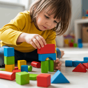 A child concentrating on building a tower with colorful wooden blocks