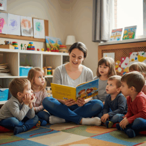 A female teacher reading a story to a small group of engaged preschool children.