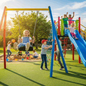 A group of diverse children playing happily together on a sunny playground.