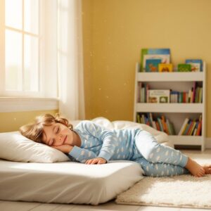 A young child sleeps soundly in their bed in a sunlit room