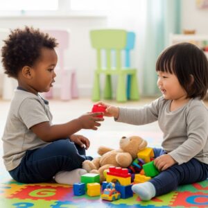 Two diverse young children sit on the floor sharing colorful building blocks, learning social skills.