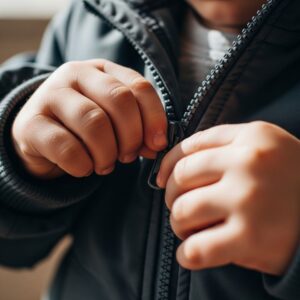 A small child's hands are shown successfully zipping up their blue jacket, demonstrating independence.