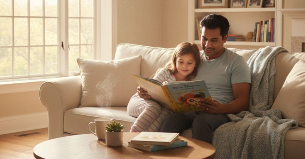 Parent reading a book with child