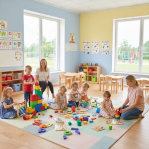 Diverse group of pre-kindergarten children playing with colorful educational toys in a spacious classroom.