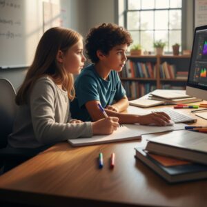Two older private elementary school students (grades 6-8) collaborating on a project at a shared desk.