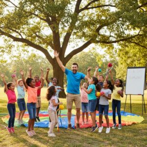 Students and a teacher cheering during a fun, outdoor, non-competitive group activity.