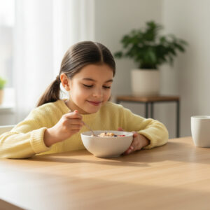 A young girl with pigtails and a yellow sweater calmly eats cereal from a bowl