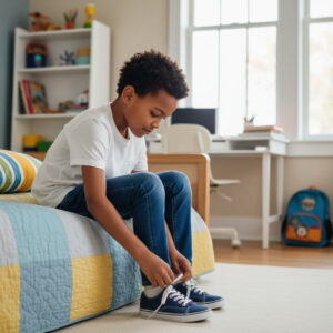 A young boy with curly hair sits on his bed, focused on tying the laces of his blue sneakers