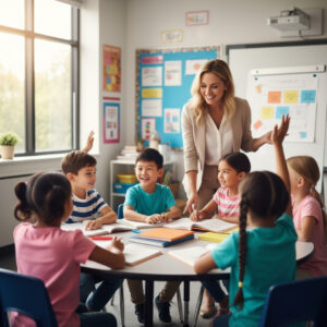 A diverse group of elementary school children engaged in a classroom discussion
