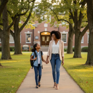 A parent and child walking to school, holding hands