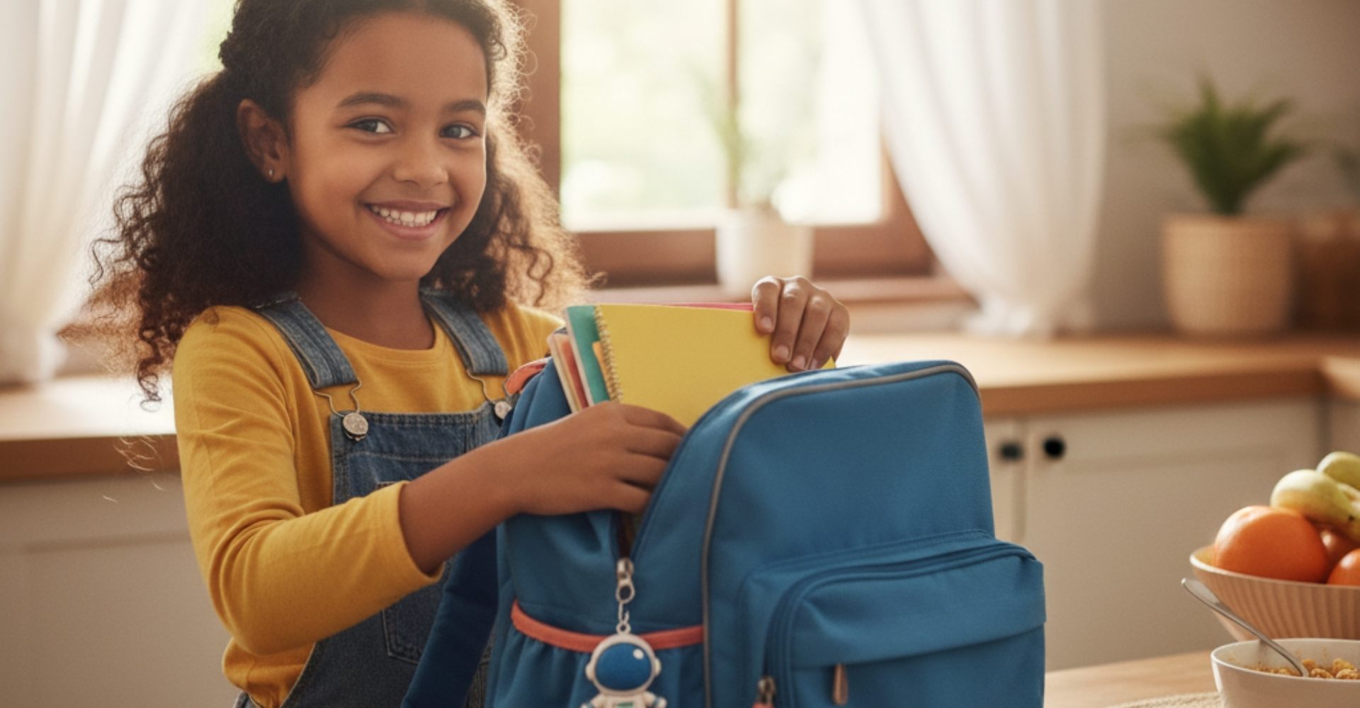 A child happily preparing their backpack for school