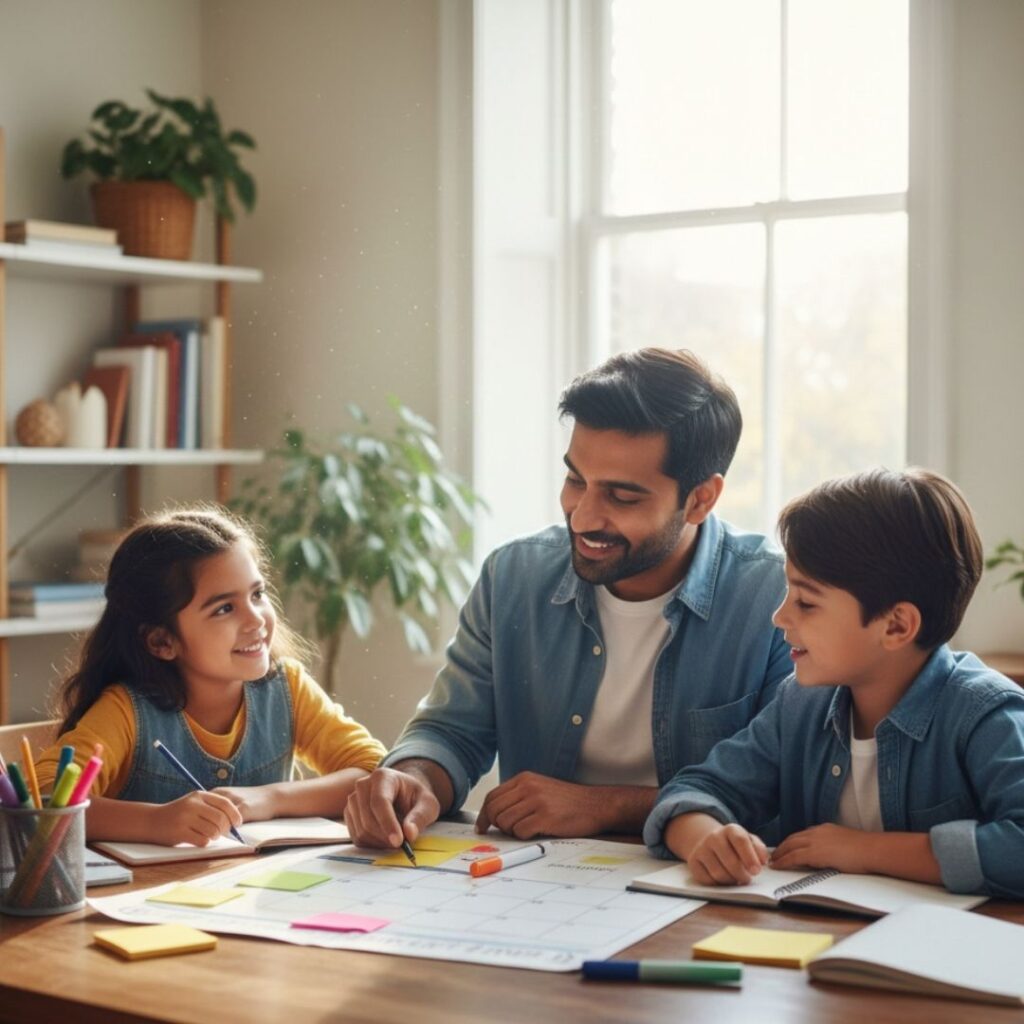 dad helping kids with homework