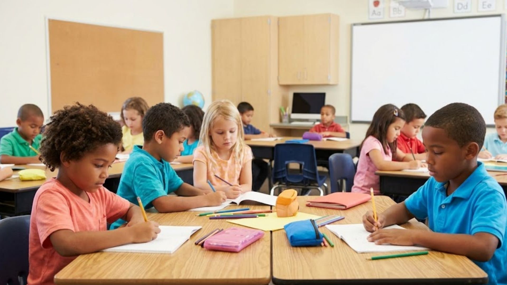 Children engaged in learning in a bright private school classroom.